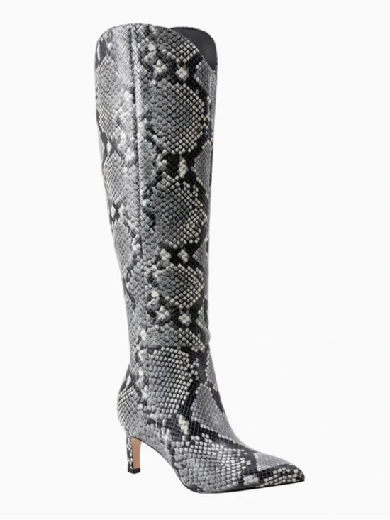 New! Marc Fisher Gray Snake-Print Knee High Pointed Toe Boots Sz 11 M - Picture 2 of 8